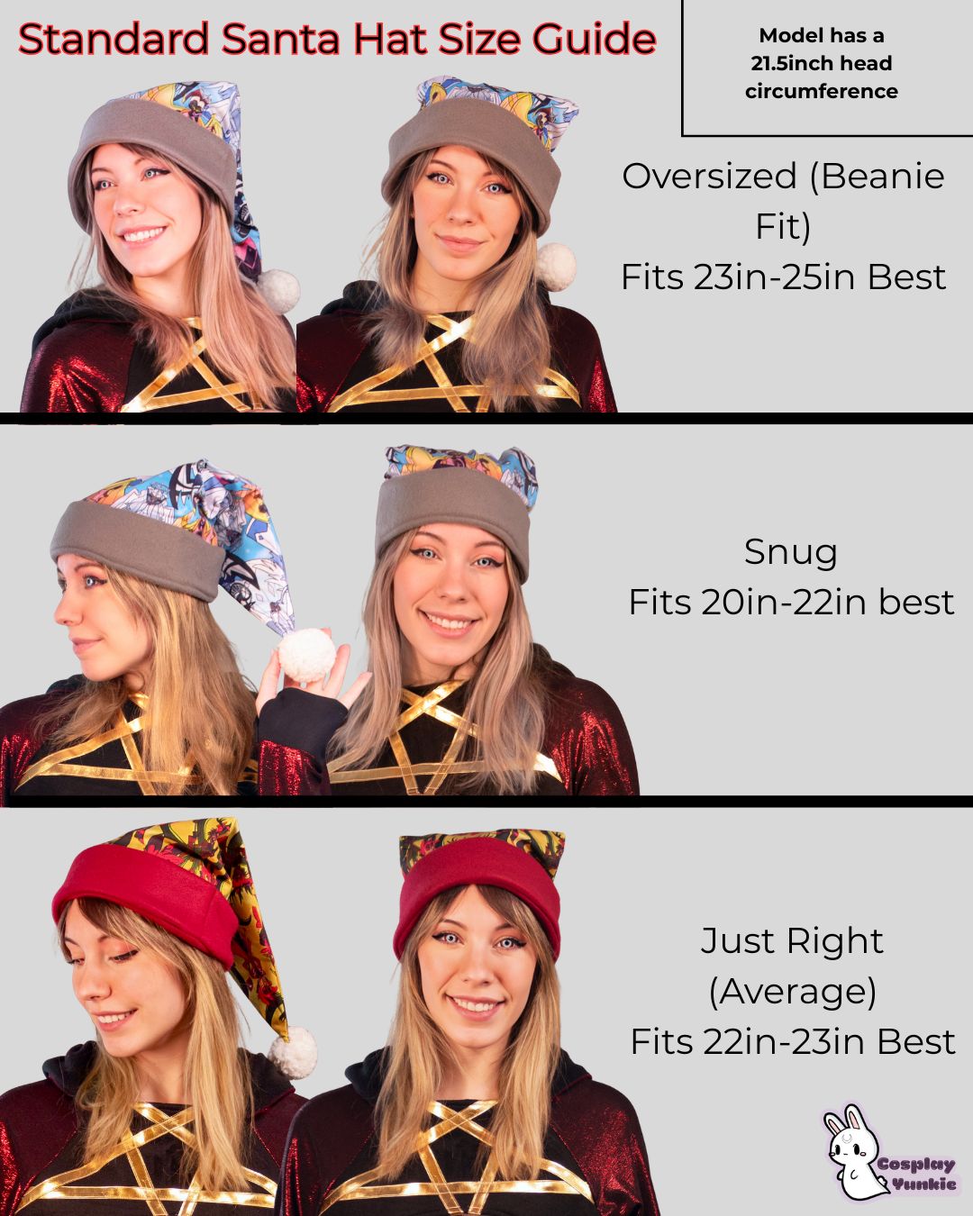 Christmas Hat Size chart for sizes Oversized, Snug, and Just Right.