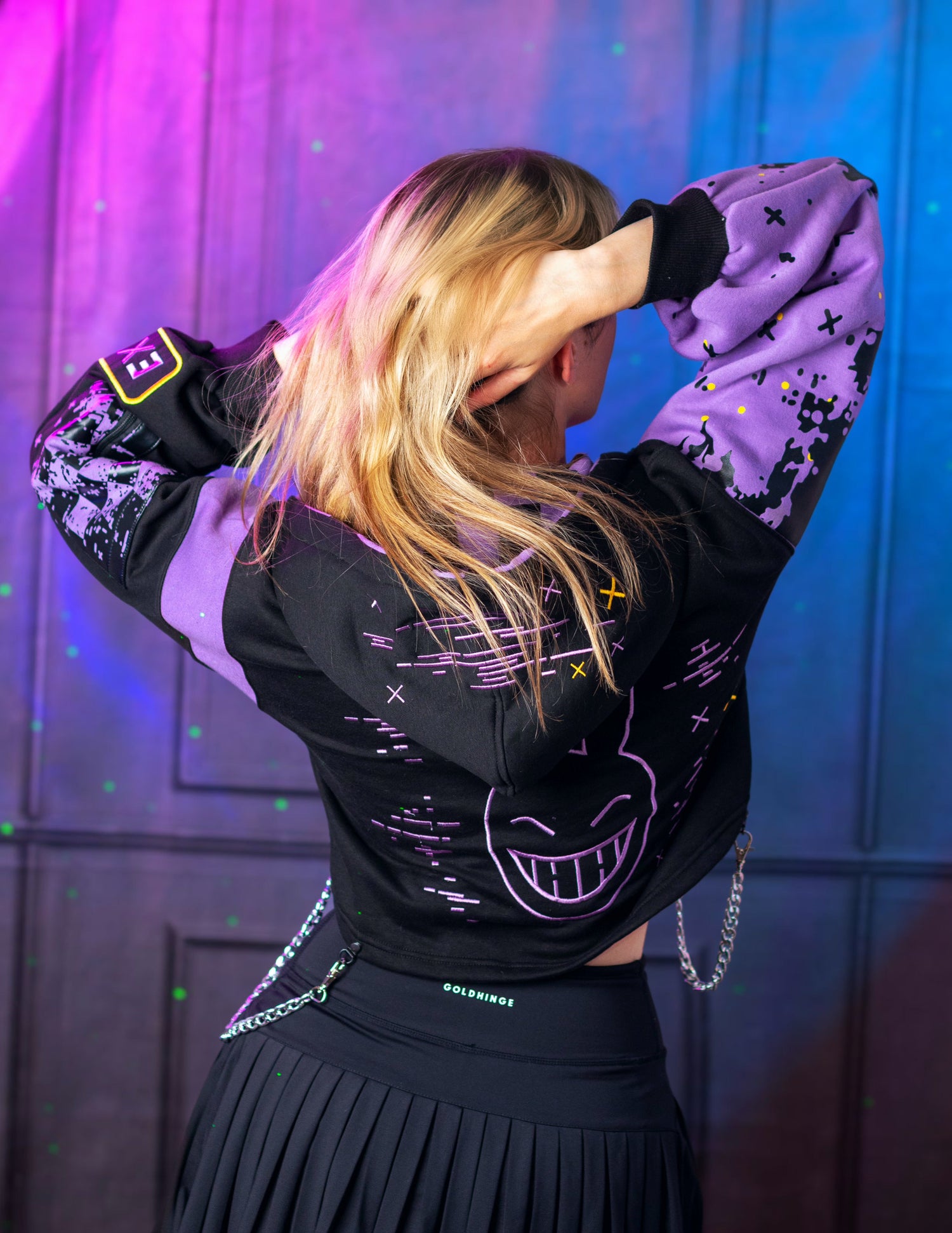 pomni inspired shrug with a tech cyber background glitch