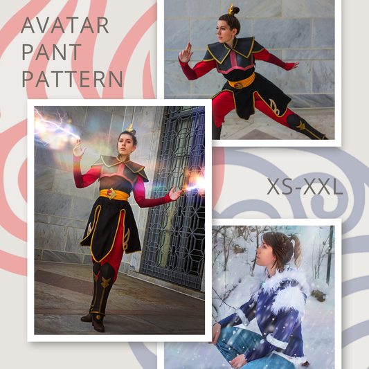 Collage of a person in a costume with text about 'Avatar Pant Pattern' and size range.