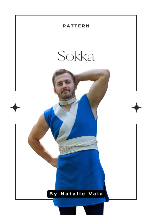 Person wearing a blue and white costume with 'Pattern Sokka' text and 'By Natalie Vaia' at the bottom. Sokka Pattern SEwing Cover by Natalie Vaia. Inspired by Avatar the Last Airbender