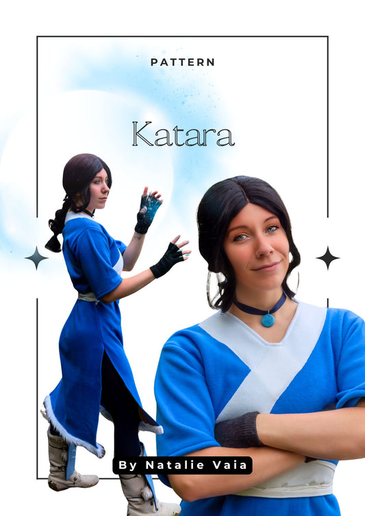 Cosplayer in a blue and white costume with 'Katara' text and 'Pattern'. Cover for the Katara dress pattern by Nattalie Vaia.