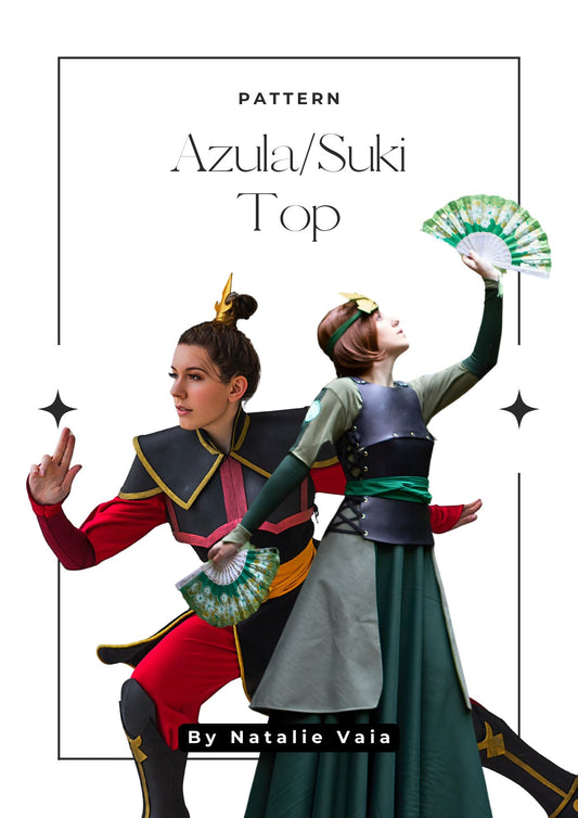 Two models wearing a patterned top with 'Azula/Suki' design, held by Natalie Vaia. This is the Pattern Cover,