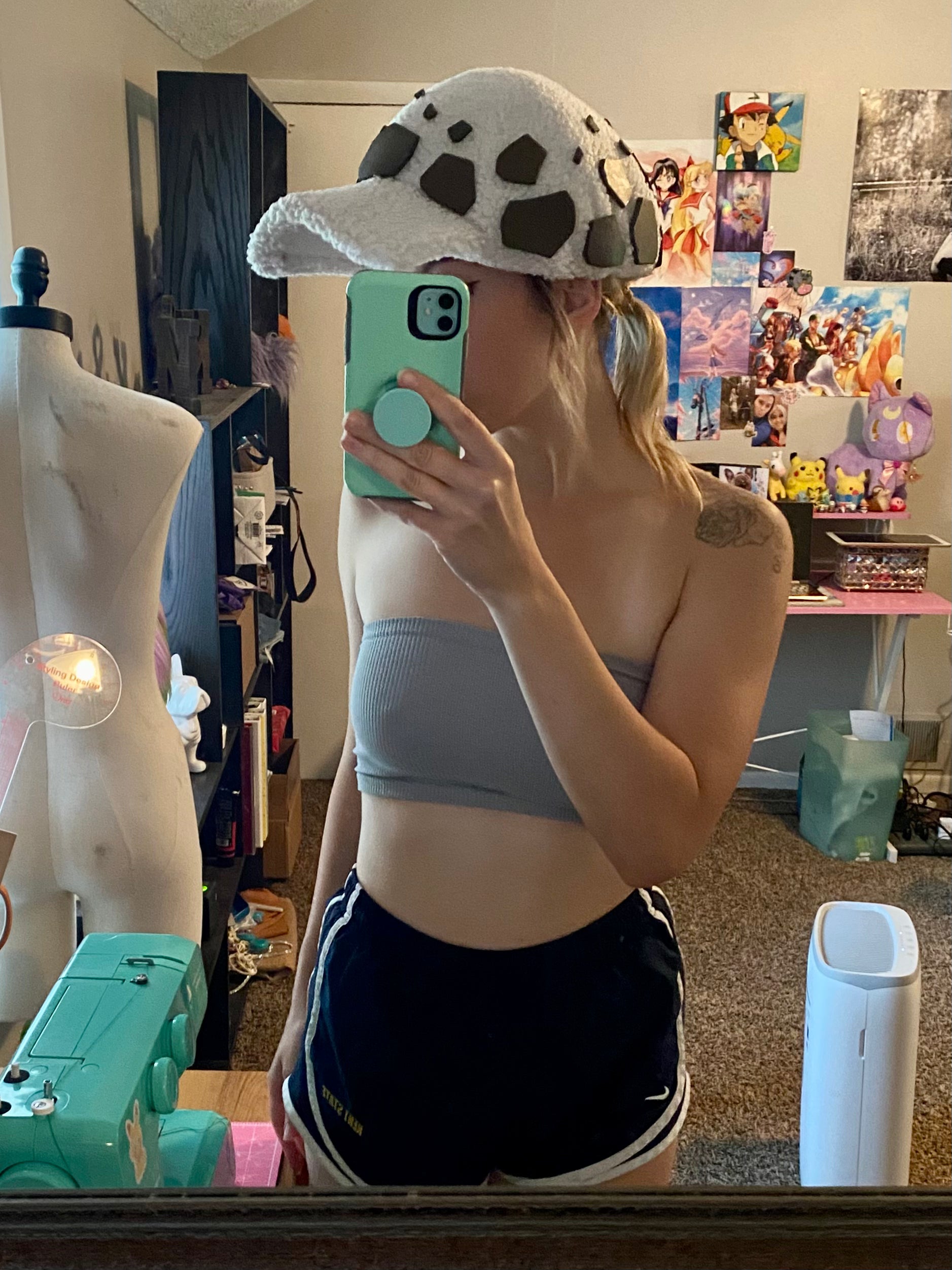 Law from One Piece Cosplay Hat Sewing foamwork on Natalie Vaia