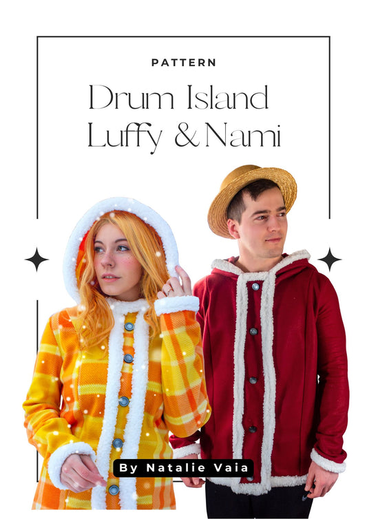 Two people wearing colorful jackets with a pattern of 'Drum Island Luffy & Nami' by Natalie Vaia. Sewing Pattern Cover for a Luffy Nami One Piece Inspired Design from Drum Island
