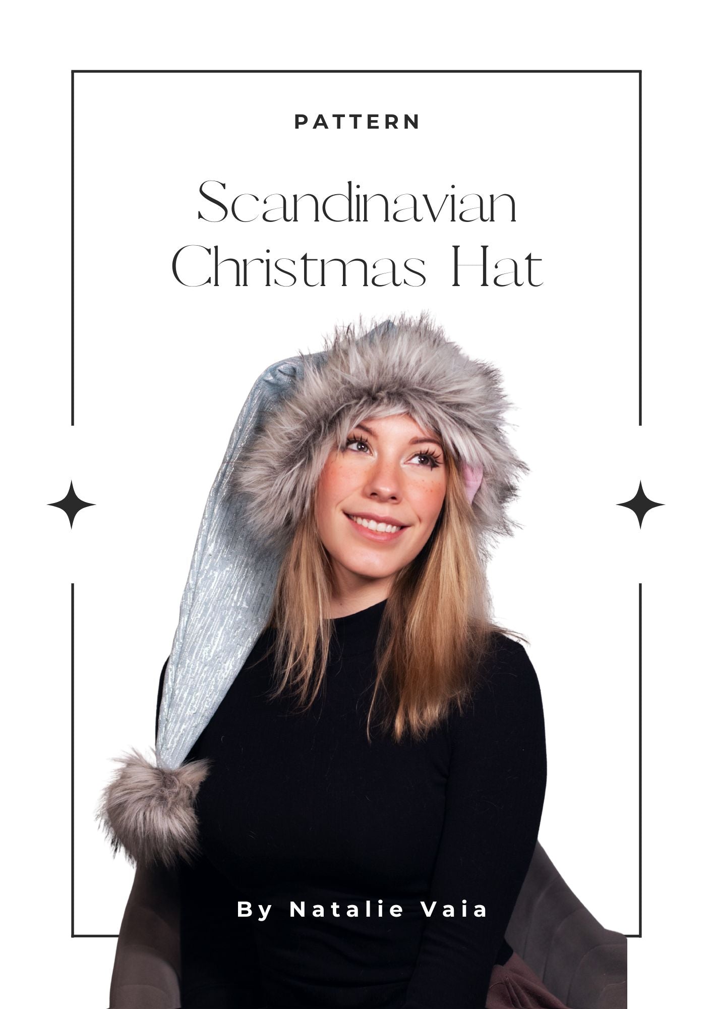 Person wearing a fur-trimmed Christmas hat with text 'Scandinavian Christmas Hat' by Natalie Vaia.