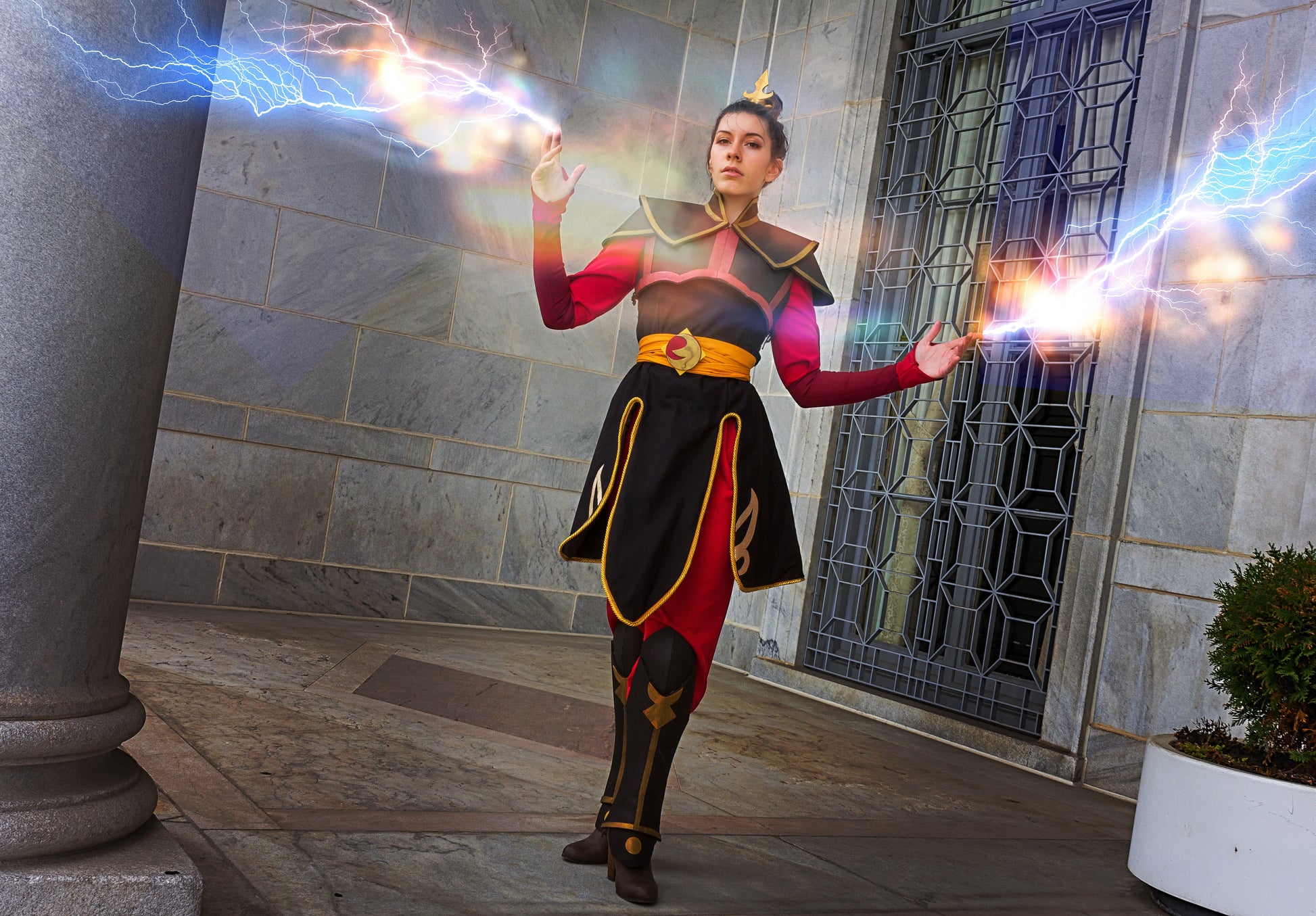 Person in fantasy costume with glowing effects in an outdoor setting. Inspired by Azula from Avatar the Last Airbender . Professional Cosplay Sewing Pattern