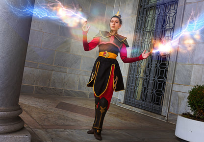 Person in fantasy costume with glowing effects in an outdoor setting. Inspired by Azula from Avatar the Last Airbender . Professional Cosplay Sewing Pattern