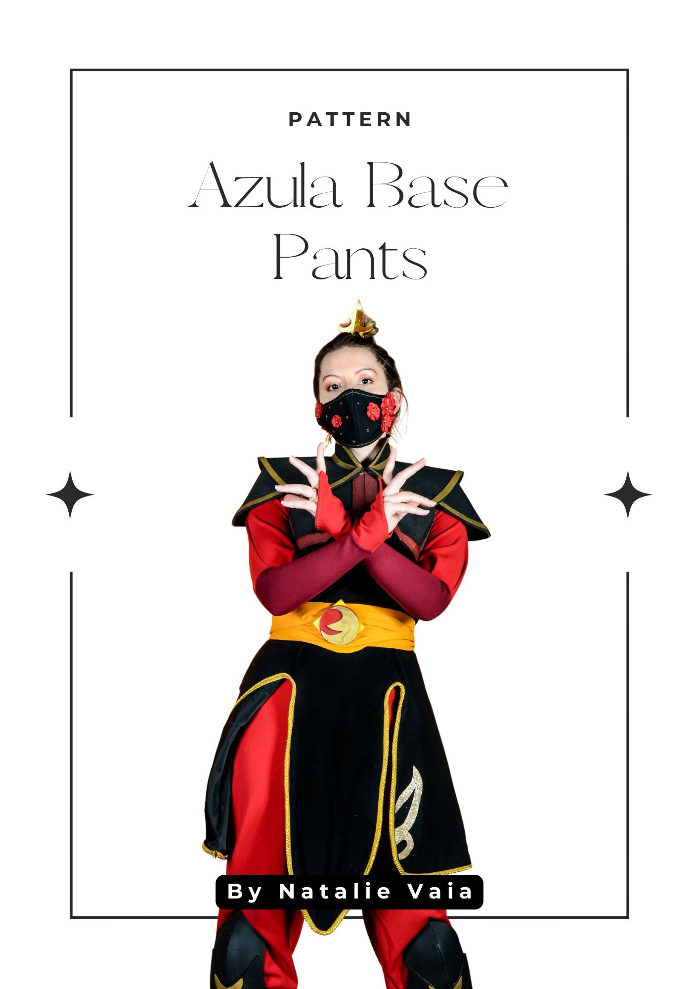 Person wearing a costume with 'Azula Base Pants' pattern by Natalie Vaia on a white background. inspired by Avatar the Last Airbender