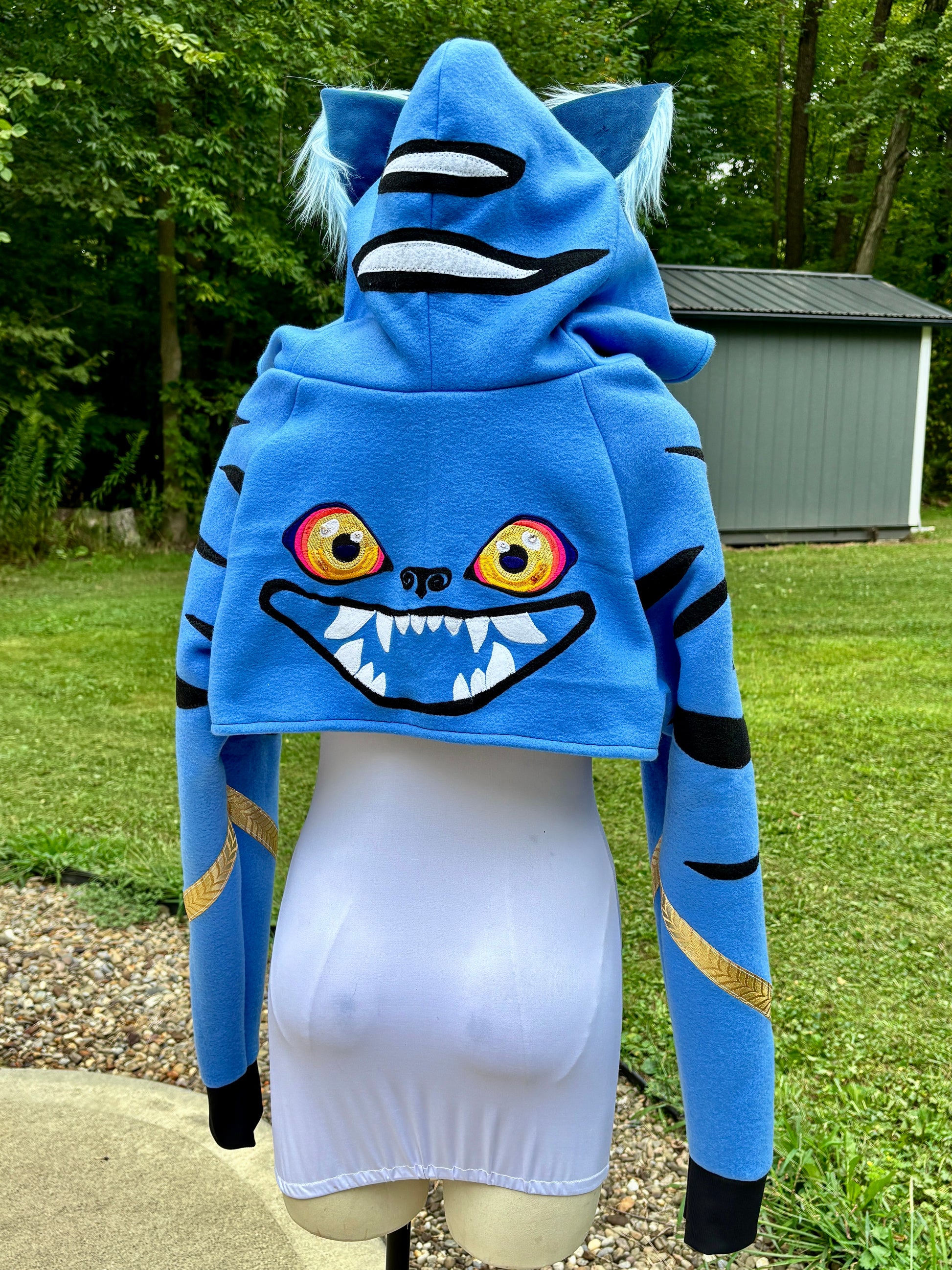 Person wearinginspired by Derpy Tiger from Kpop Demon Hunters. It is different shade of blue with  character designs. Derpy's face on the back.