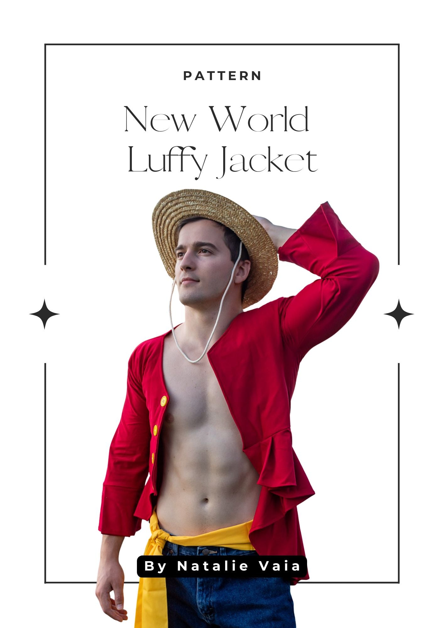 Man wearing a red jacket and straw hat with text 'New World Luffy Jacket' by Natalie Vaia. Inspired by One Piece