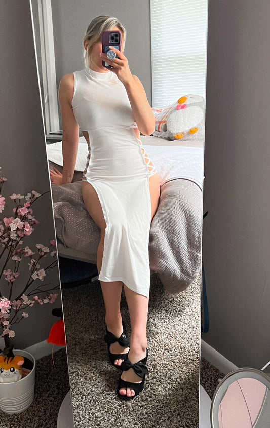 High Neck Strappy Side Cut Out Dress Anime Goth Outfit White