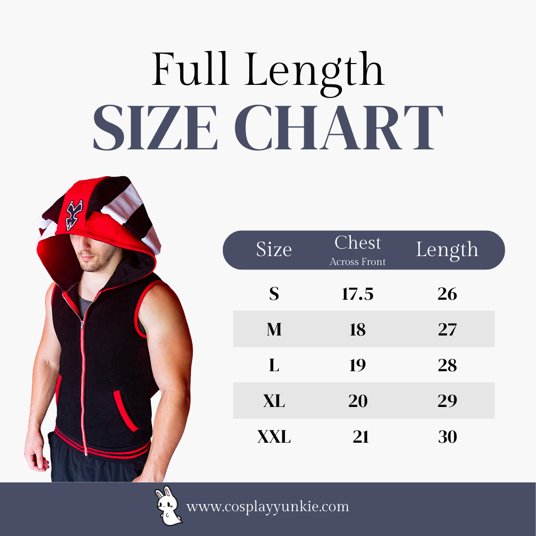 size chart for our cosplay sleeveless blitzo hoodie inspired by helluva boss