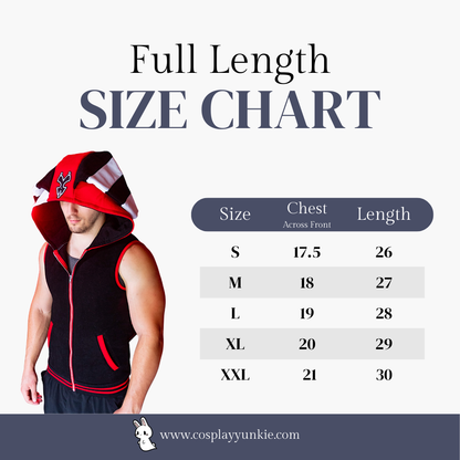 size chart for our cosplay sleeveless blitzo hoodie inspired by helluva boss